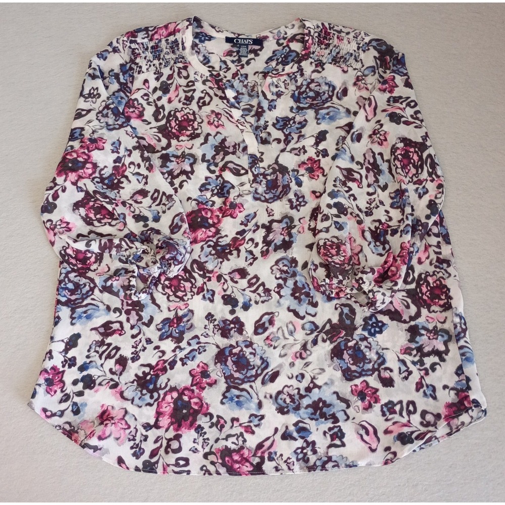 Chaps Blouse Sheer Lightweight Floral Ruffle Flowy Artsy Spring Peasant Large‎